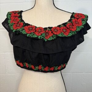 Herencia Collection Black Off the Shoulder Blouse w Red Embroidered Flowers 2XL